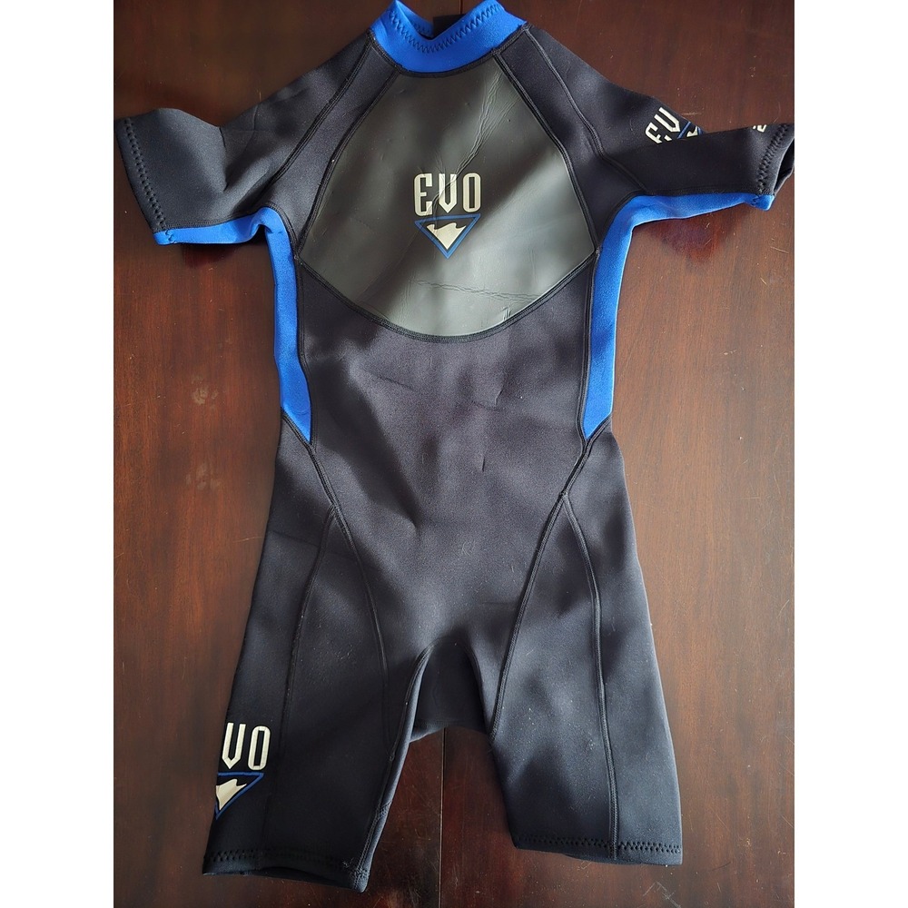 EVO Kids Shorty Wetsuit Black Blue Neoprene Back Zip Short Sleeve Suit